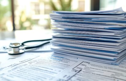 Documents professionnels et stéthoscope sur un bureau